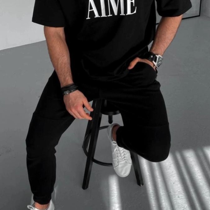 ERKEK Tişört Yakalı Yarım Fermuarlı  Kısa Kol Baskılı T-Shirt - Siyah